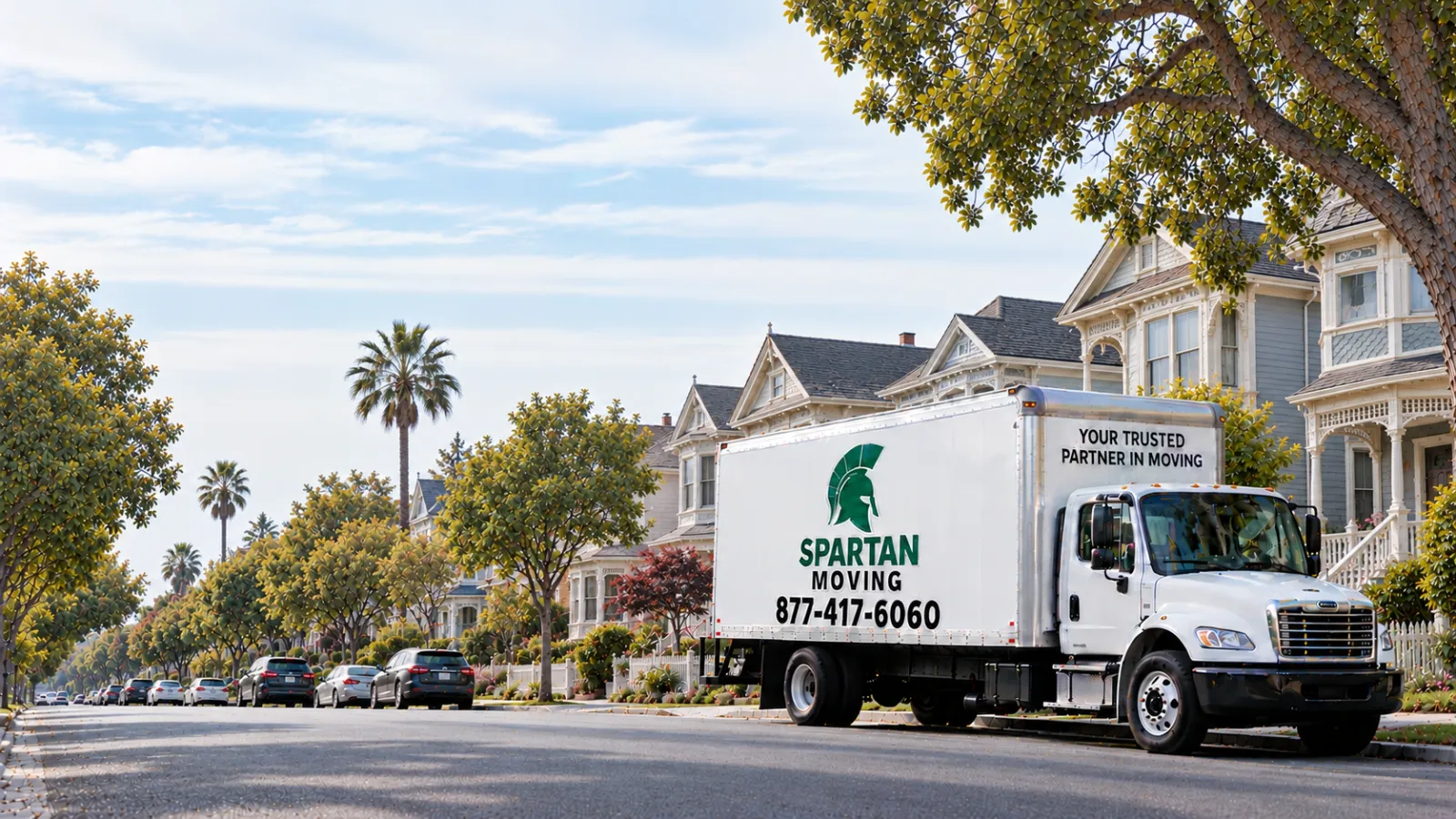 Spartan Moving truck parked on a palm-lined street of Victorian houses in Alameda