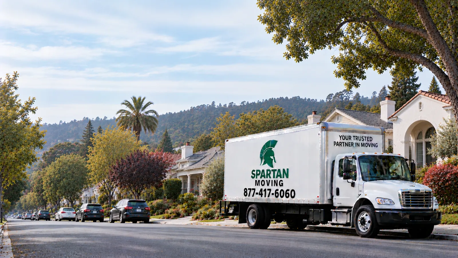 Spartan Moving truck parked on a residential street in Redwood City