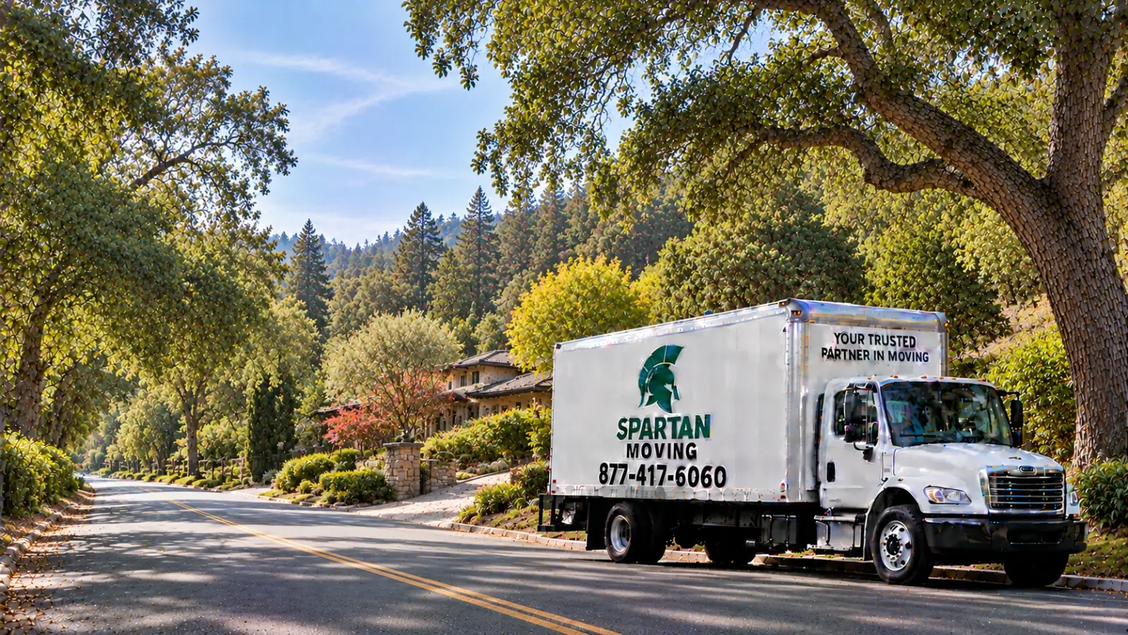 Spartan Moving truck parked on a residential street in Saratoga
