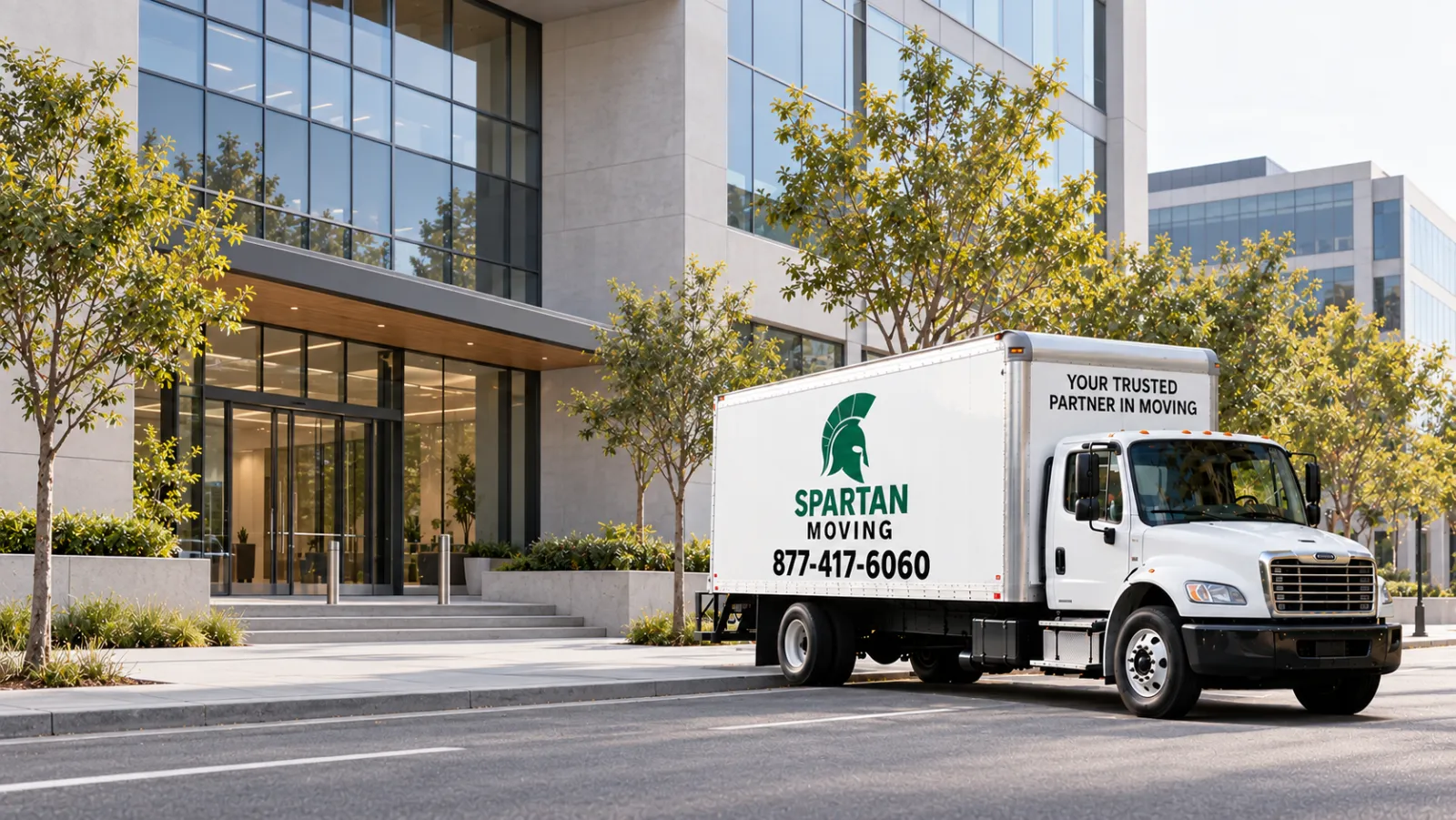 Spartan Moving box truck parked on the street outside a glass-fronted office building