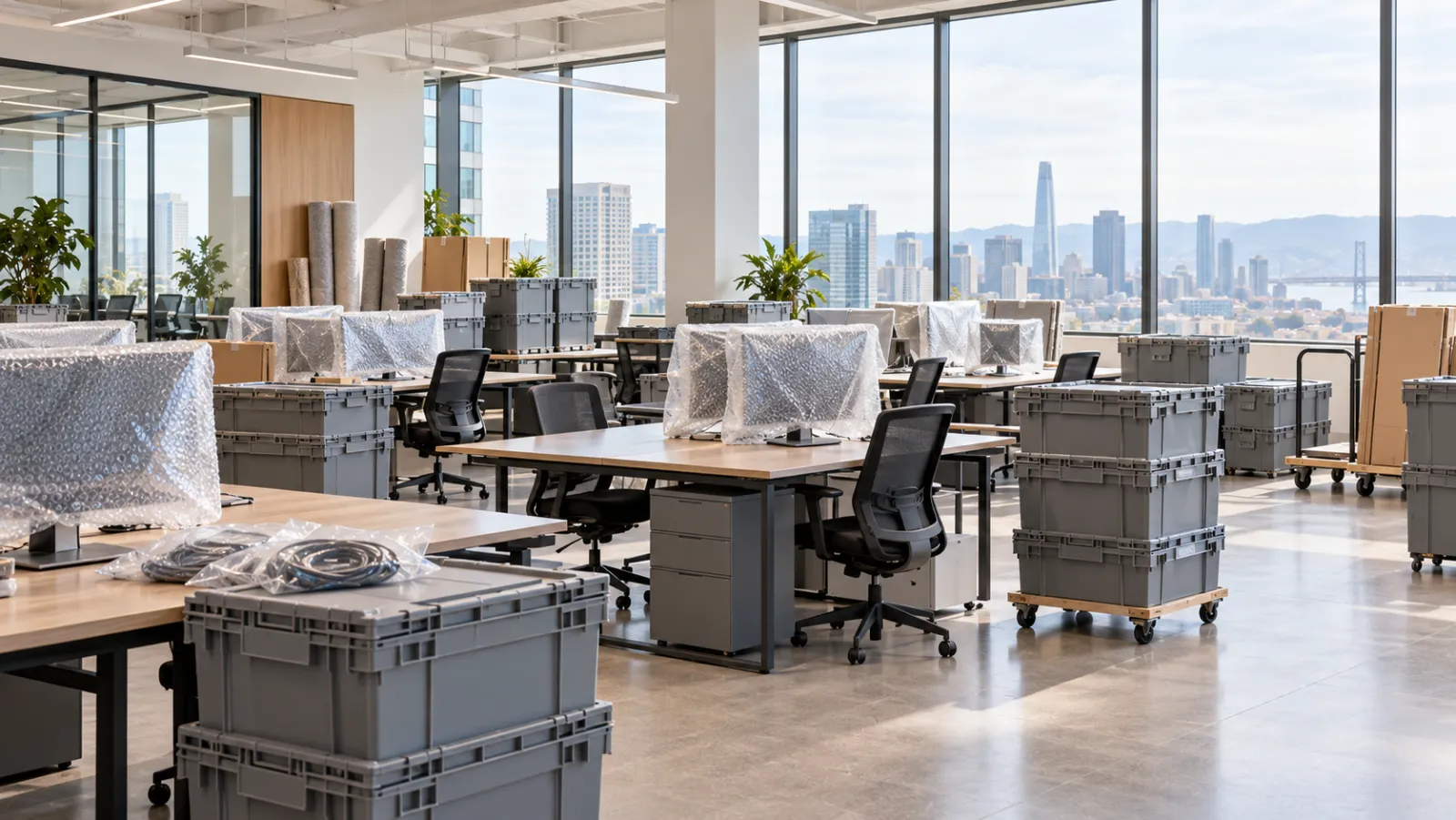 Open-plan office mid-move: desks with bubble-wrapped monitors, gray plastic crates stacked on dollies, and a city skyline with the Bay Bridge through the windows
