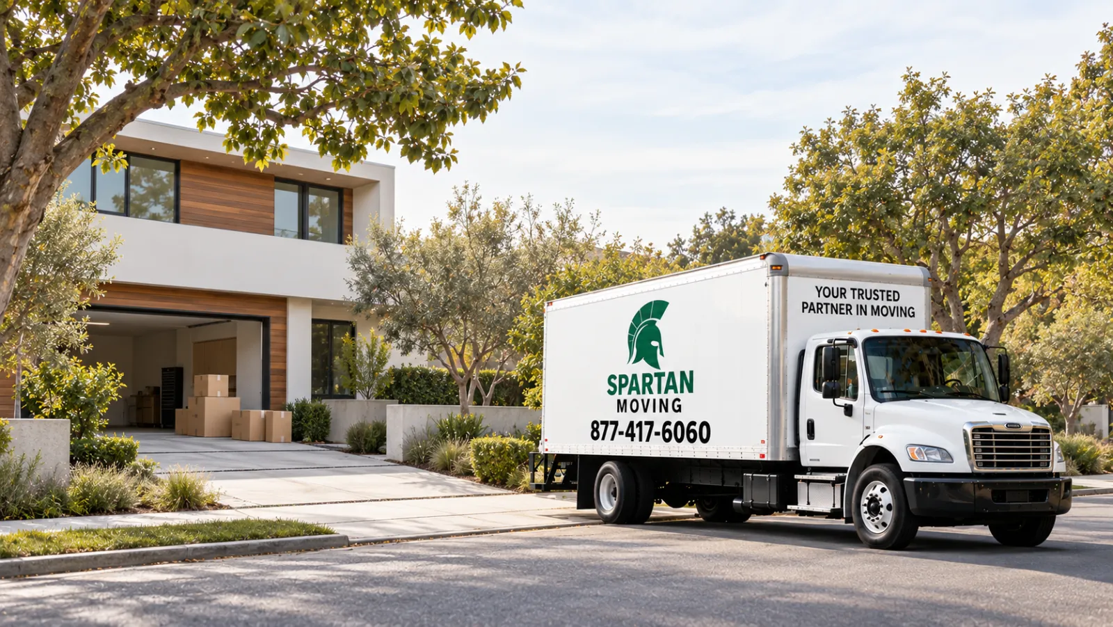 White Spartan Moving box truck parked at the curb outside a modern two-story house, with moving boxes stacked in the open garage