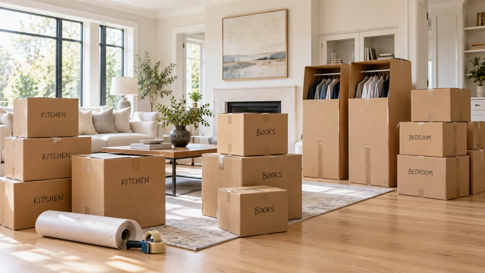 Packed moving boxes labeled Kitchen, Books and Bedroom, two wardrobe boxes with hanging clothes, and a roll of packing paper in a bright living room
