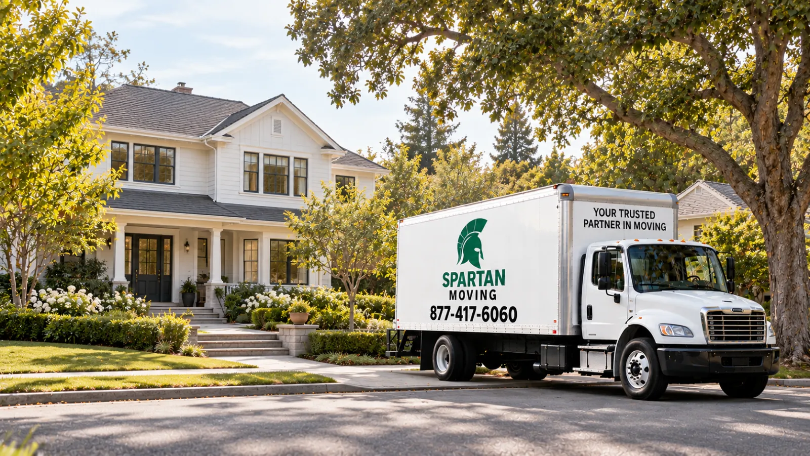 Spartan Moving box truck parked on a tree-lined street in front of a white two-story house with a covered front porch