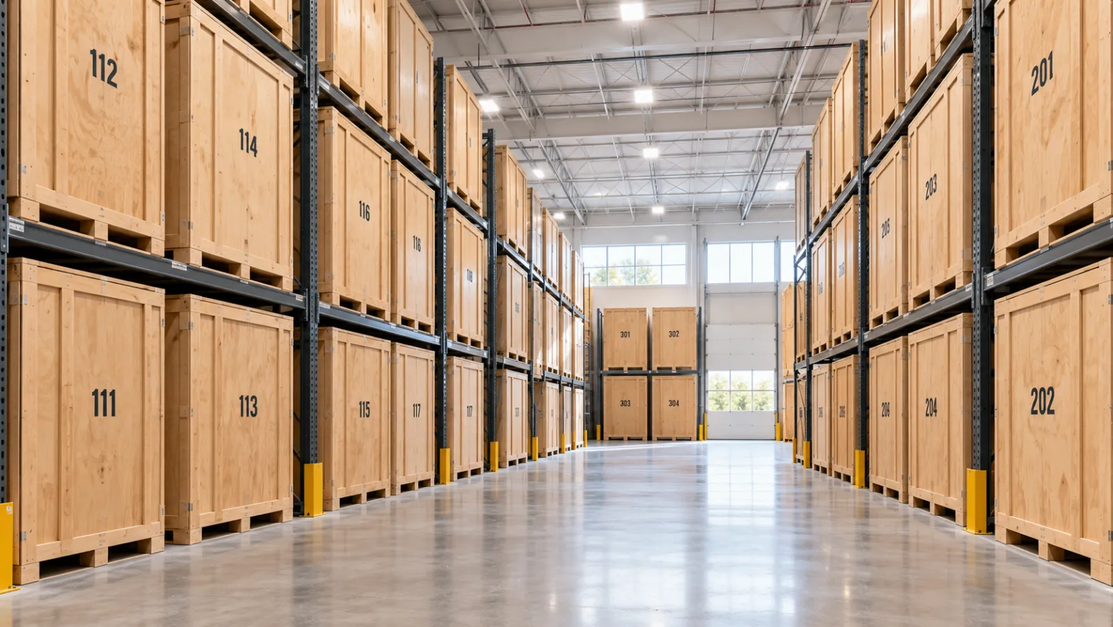 Warehouse aisle lined with numbered wooden storage vaults on tall steel racks